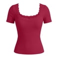 thumbnail image 3 of idosla Women Y2k Short Sleeve Shirt Slim Fit Lace Trim Ribbed T-Shirt Aesthetic Clothes Cute Summer Tee Top for Teen Girls (Wine, XL), 3 of 6