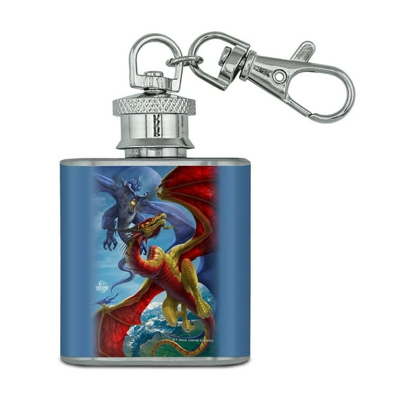 Dragon Fight Slash and Burn Fantasy Stainless Steel 1oz Mini Flask Key Chain