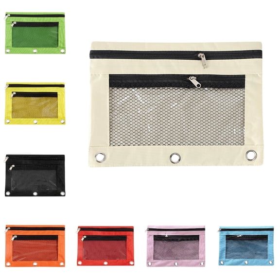 Pencil Pouch, 3-Ring Binder Pencil Case with Mesh Window, 10x7 Inch Dual Zipper Pouch for Class Office Supplies, Beige
