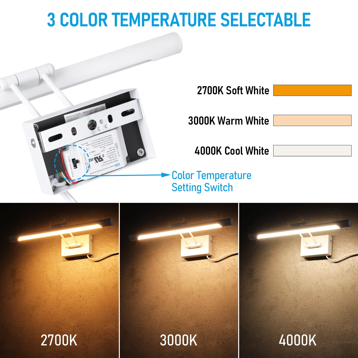 2 Pack LED Picture Light, Swivel Metal Artwork Lamps, 15.75 Inch, 2700K/3000K/4000K Selectable, Plug-n-Play & Hardwire Art Lighting, White