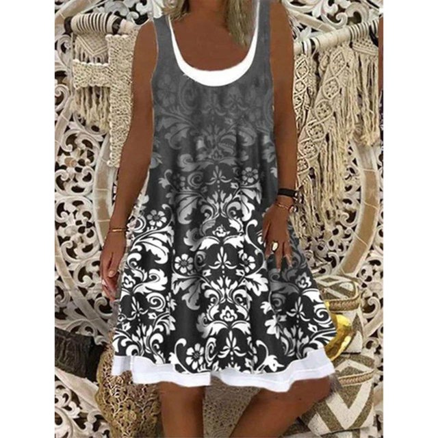 CEHVOM Robe Sans Manches pour Femme à Col Rond, Ample, Décontractée, Mode, Faux Deux-Pièces