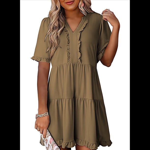 Vestido Informal de Mujer con Escote en V, Corta, Corte A y Volantes, Color Caqui, Talla XXL