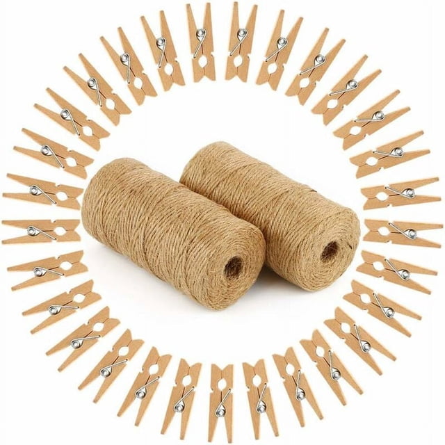 Desiderio 200M Cordel de Yute Natural + 200 Piezas Clips de Fotos de Madera Mini Pinzas de Madera Pinzas para Ropa Pinzas para Manualidades para Jardinería Artes Manualidades Papel Foto Manualidades