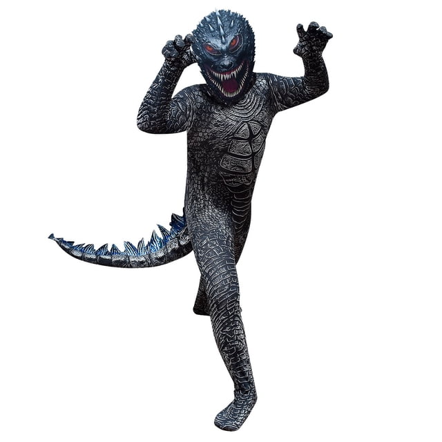 zx godzilla cosplay disfraz niños rendimiento monstruo traje de una pieza tocado disfraces de halloween xzilla traje de una pieza negro para niños (130 cm) con estampado escamoso, capucha/mascara con ojos rojos y dientes visibles, cola fijada al traje; vista frontal en pose dinámica sobre fondo blanco. Su tamaño y diseño lo hacen también adecuado como disfraz de actuación o evento temático.