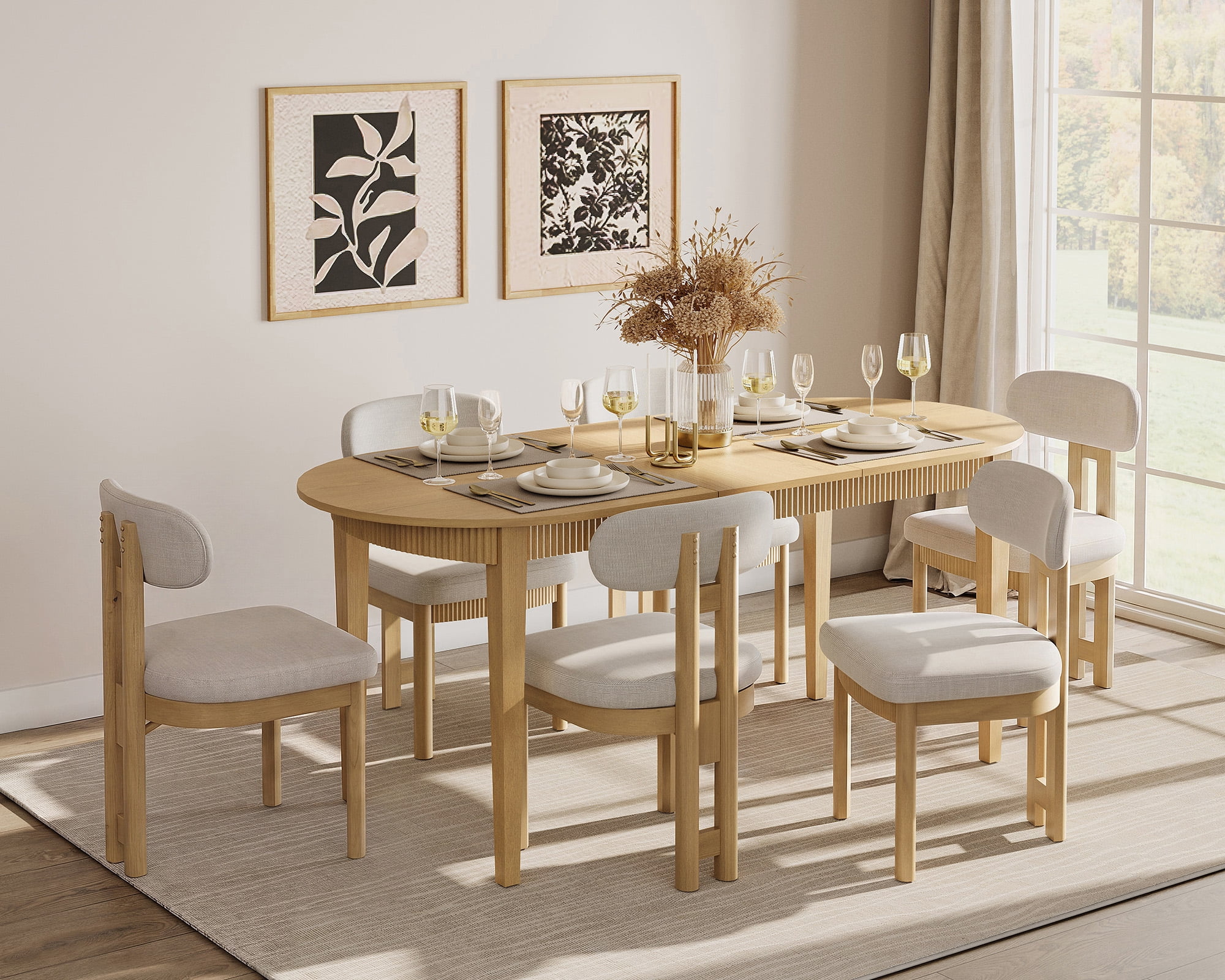 7 Piece Modern Dining Table Set, 73" Solid Wood Oval Dining Table with 6 Polyester Chairs, Dining Set with Fluted Apron for Kitchen & Dining Room