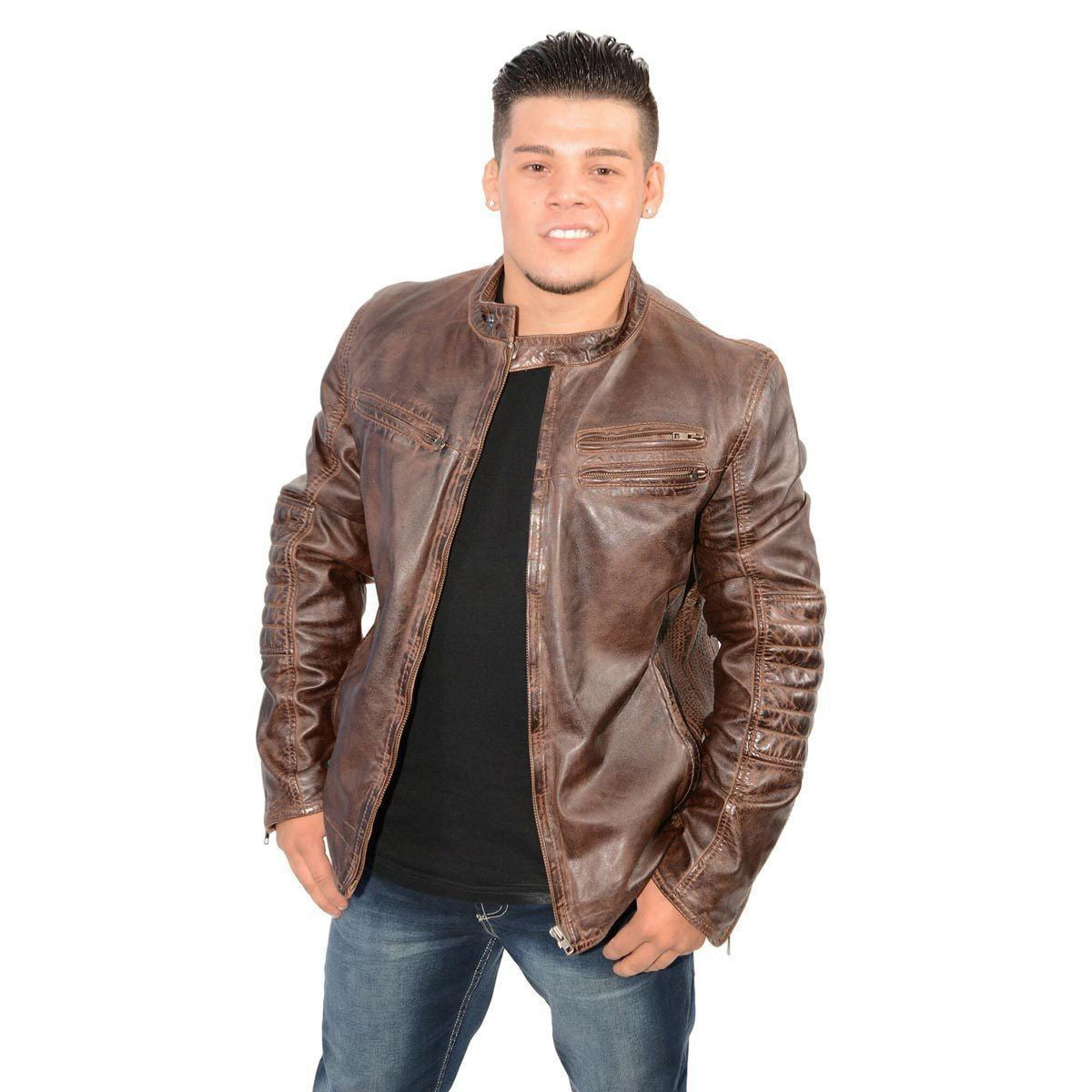 Mens Heavy-Duty Distress Brown Leather Motorcycle Cafe Racer Armor Jacket L