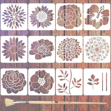 Colorful 12PCS Large Flower Stencils for Painting on Wood 12 x 12 Inch Giant Wall Stencil with Brushes Large Pattern Floral Stencils Sunflower Paint Stencil for Walls Garden Fence Furniture