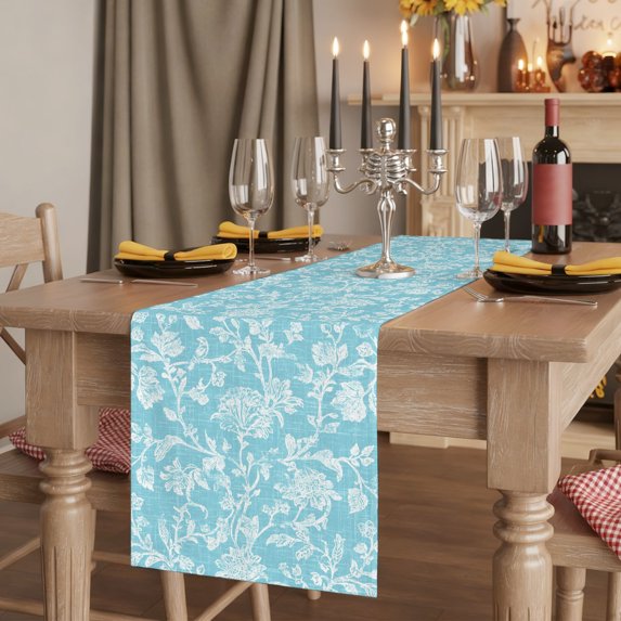 Botanical Rose Table Runner Vintage Aqua Blue Floral Leaf Summer Farmhouse Tablerunners 13 x 36 Inch, Table Decorations Tabletop Scarf for Summer Gathering Holiday Farmhouse Kitchen Dining Decor