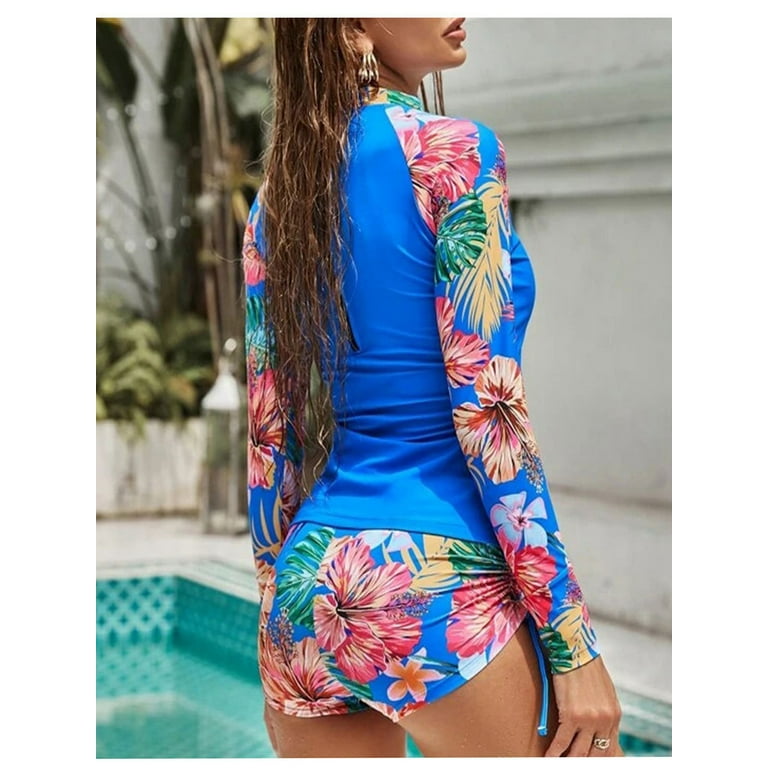 Licupiee 2Pcs Women Tankini Bathing Suits Summer Long Sleeve Built-in Bra  Rash Guard Soft Tops with Boyshorts Bottom Set