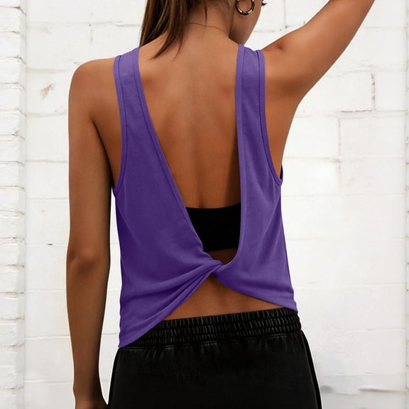 Open Back Workout Tops for Women Loose Fit Halter Backless Tank Top Crop Twist Low Back Cami for Gym&Workwear(Purple,S)
