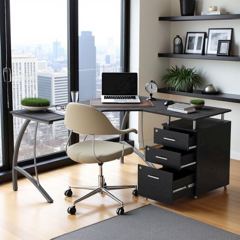 FurniFact Brown L Shaped Desk With 3 Drawers, Steel Frame Corner Computer Desk