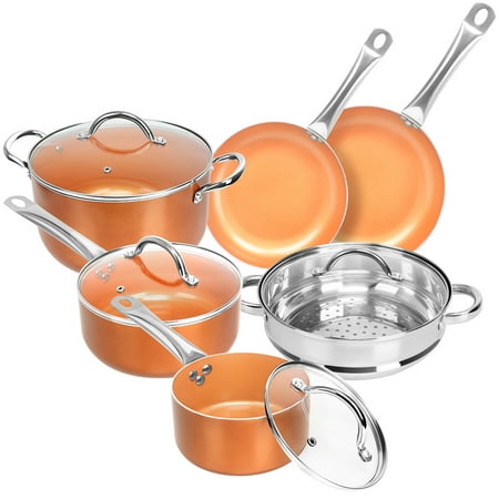 SHINEURI 10 Pieces Copper Pans Nonstick Cookware Set, Aluminum Pots and Frying Pans Cooper Pan Set, Steamer and Sauce Pan with Stainless Steel Handle & Lid, for Induction, Gas, Electric and
