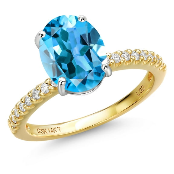 Gem Stone King 14K Two Tone Gold Swiss Blue Topaz and Lab Grown Diamond Engagement Ring for Women | 3.36 Cttw | Oval 10X8MM | Gemstone November Birthstone | Size 8