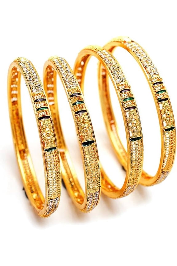 4 Piece Bangle Set Ad Cz Stones Gold Plated Daily Use Handmade Meena Work Fashion Jewelry Indian Bangles For Women & Girls