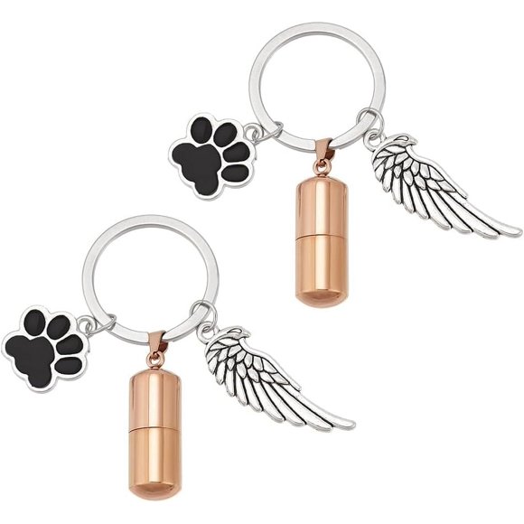 2 Pcs Porte-Clés Urne Commémorative pour Animaux Ailes de Patte de Chien Cendres Porte-Clés Commémoratif pour Crémation Souvenir Cendres d'Animaux Or Rose
