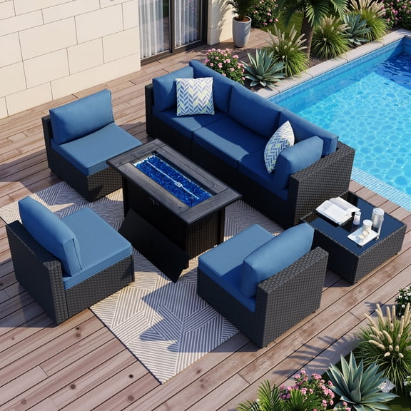 Walsunny 8 Pieces Patio Wicker Rattan Fire Pit Furniture Conversation Sets with Outdoor Sectional Sofa,45" Gas Propane Fire Pit Table,Glass Coffee Table,Black Rattan Blue Cushion
