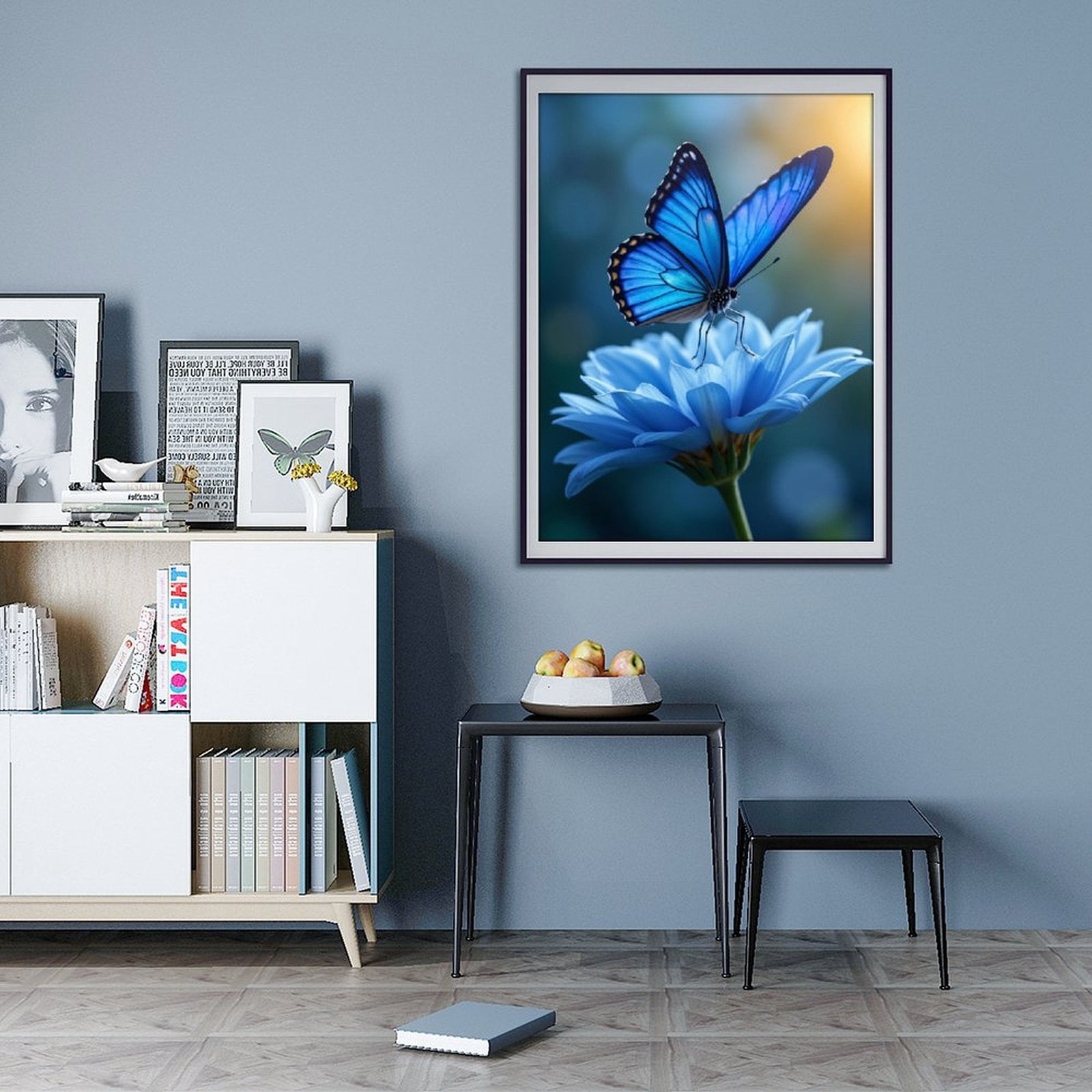 Diamond Art Kit for Adults, Blue Butterfly On Flower Blossom Diamond Painting for Adults Beginners, DIY Diamond Art Painting Kits, 5D Diamond Painting Crafts for Home Decor 12x16 Frameless