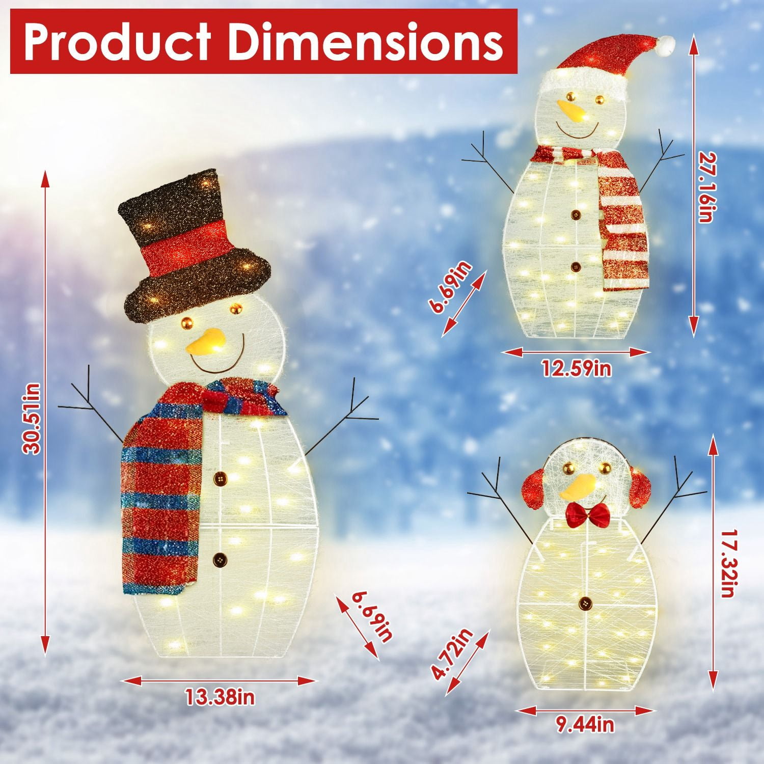 3Pcs Christmas Snowman Family Decorations (Father/Mother/Baby), 2D Plush-Wrapped Metal Frame with 3×9.84ft LED String Lights (30 Beads/Each), USB Powered for Festive Glow