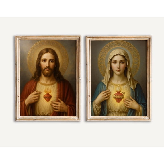 Sacred Hearts of Jesus and Mary Home Decor Art Set 2 Unframed Paper Print 8x12