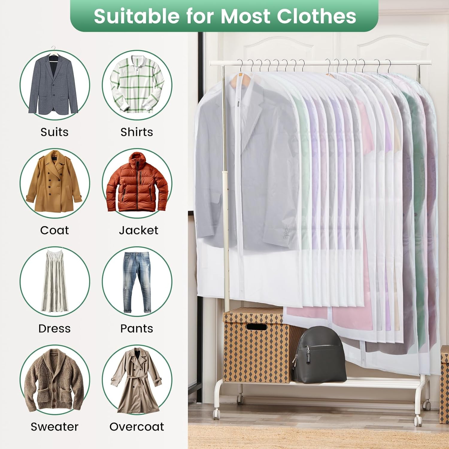 KEMEINILI Translucent Garment Bag - 15 Packs Garment Bags for Hanging Clothes Dress Bag Suit Bags for Closet Storage Travel - 24" x 40"/47"/55"
