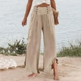 thumbnail image 5 of TRUBKH Women Flowy Pants Side Button Elastic Waist Straight Leg Pants Wide Leg Linen Pants for Women Button Up Straight Leg Trousers Palazzo Pants with Pockets Baggy Sweatpants Beige S-3XL, 5 of 6