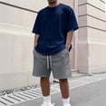 thumbnail image 4 of Domuza Mens Summer 2 Piece Tracksuit Crew Neck Tee Tops and Plain Shorts Vacation Workout Shirts Sets Navy 2XL, 4 of 5
