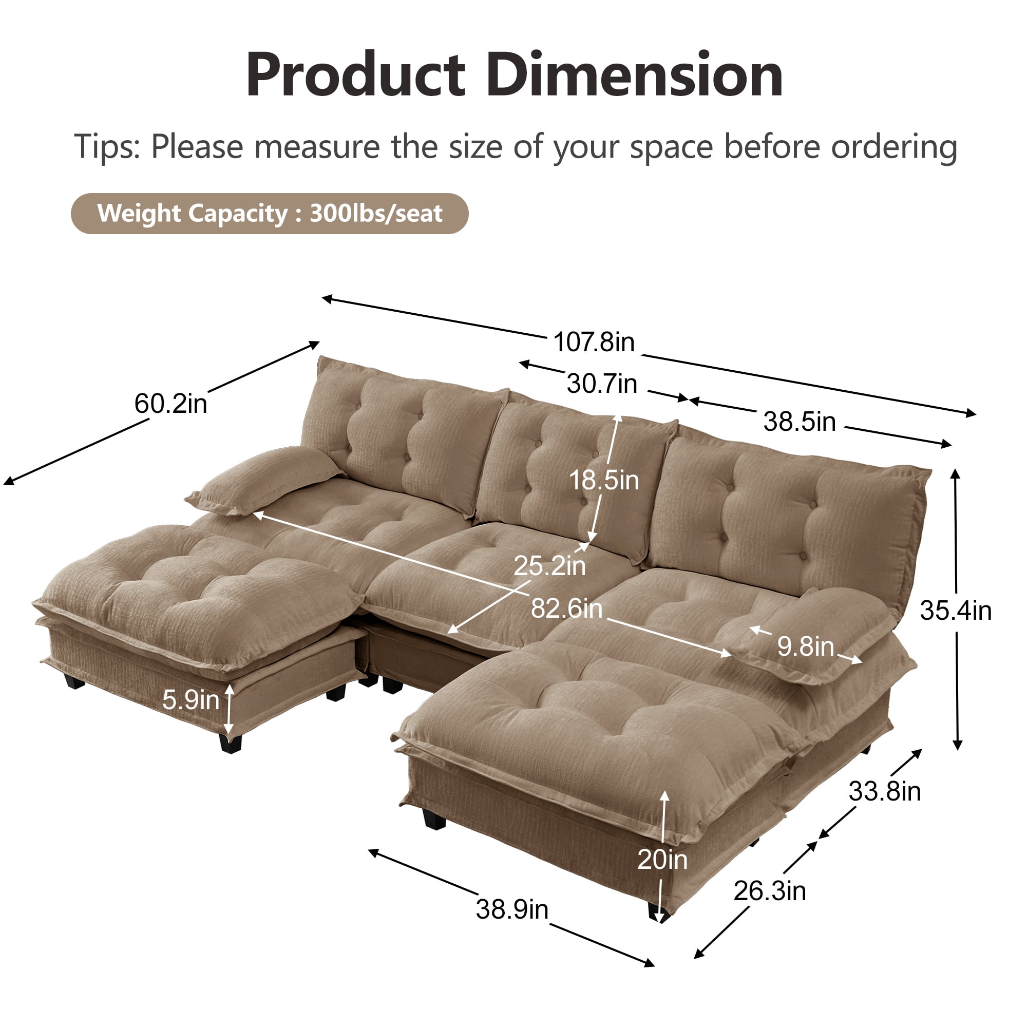Alvantor U-Shaped Sectional Sofa 3-Seater Cloud Couch for Living Room, Easy Assembly Light coffee