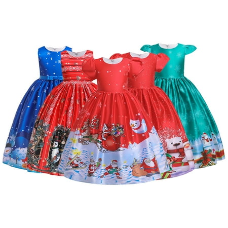 

KYAIGUO Kids Girls Xmas Dresses Clothes with Bubble Sleeve Baby Princess Dresses Outfit for Toddler Kids Vintage Printed Christmas Dress for 5-14y