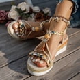 thumbnail image 2 of Bohemian Espadrilles for Women Braided Strappy Platform Wedge Sandals Open Toe T-Strap Beaded Slingback Heels Beige Size 6, 2 of 8