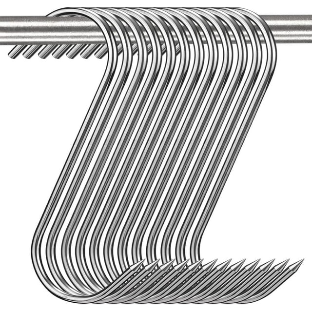 LayHyand 12 Pcs S Shaped Stainless Steel Meat Hooks, 5 Inch, 4MM Diameter, 100 Pound Load, Silver, Kitchen, Rack, Smoker, Hanging