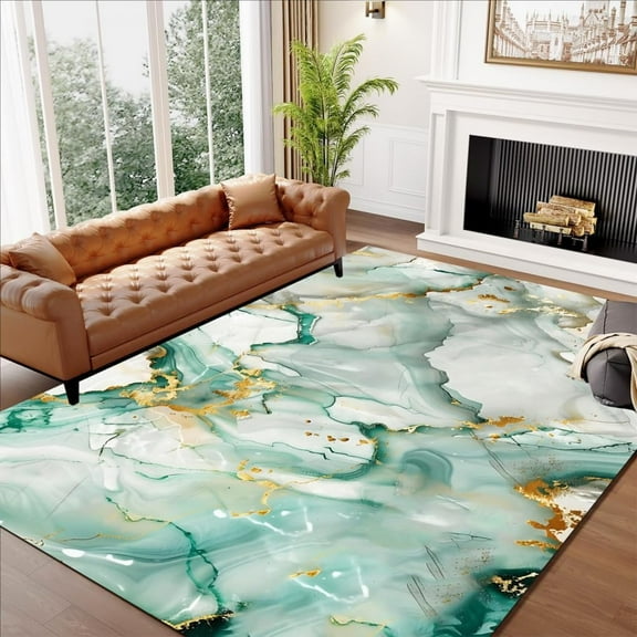 Aqua Grey Gold Modern Abstract Aesthetic Marble Rug For Living Room Bedroom Diningroom Office Kitchen Washable Carpet Luxury Non Slip Room Playroom Area Rugs 5x6ft