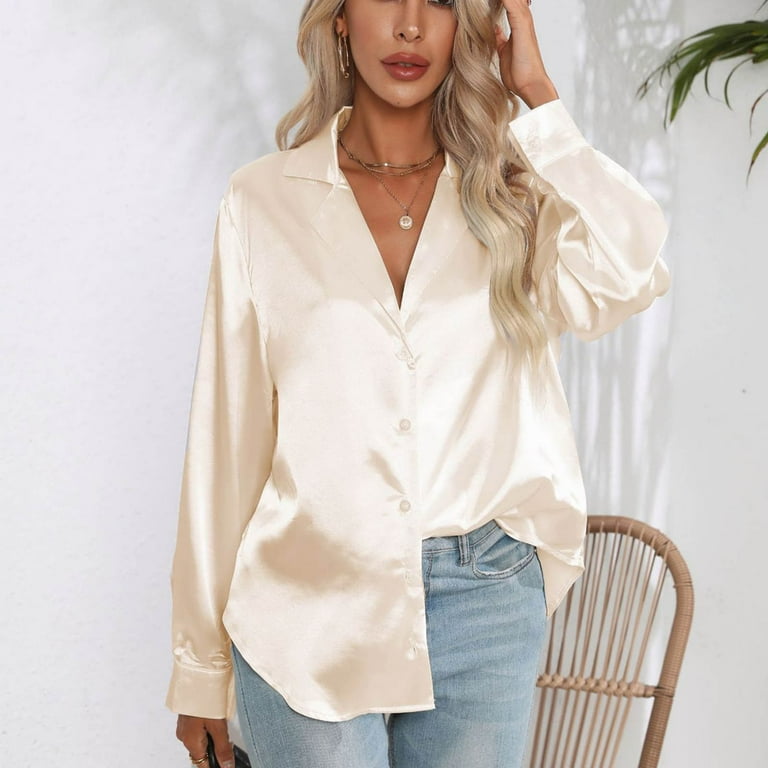 AKOEE Womens Button Down Satin Shirt Office Work Dressy Casual Lapel  Collared Shirts Long Sleeve Business Silk Tops (Large, Beige 01) -  Walmart.com