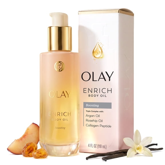 Olay Enrich Boosting Body Oil with 3-in-1 Oil Serum Complex with Argan Oil, Rosehip Oil, and Collagen Peptide, 4 fl oz