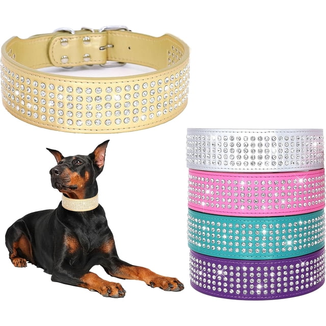 1Pack Rhinestones Dog Collars-2" Wide Crystal Diamonds Studded PU Leather 5 Rows Sparkly Crystal Studded Collar for Medium and Large Dog
