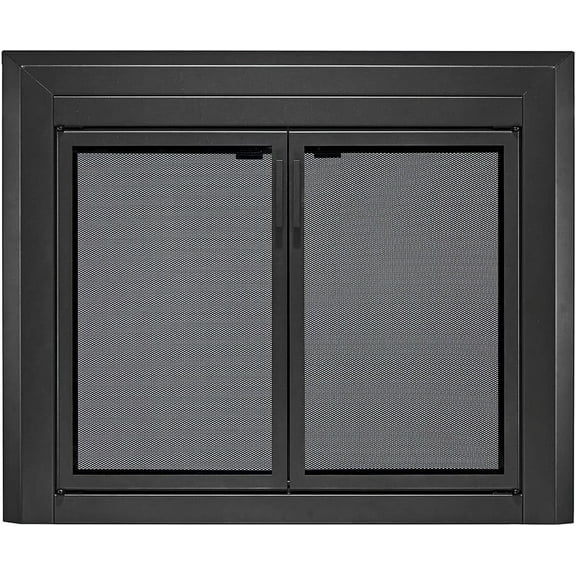 UniFlame Logan Medium Masonry Fireplaces Doors, Steel Frame with Smoke Tempered Glass, Black, Small