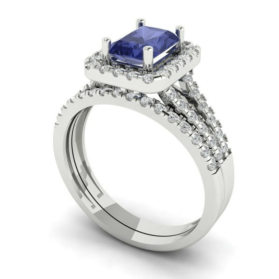 1.57ct Brilliant Emerald Cut Tanzanite 14k White Gold Halo Solitaire with Accents Engagement Bridal Wedding Ring Band Set size 6.25