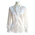 thumbnail image 4 of FRSASU Women's Satin Lace Trim Blouse Collared V Neck Long Puff Sleeve Button Down Dressy Top for office Party White, 4 of 5