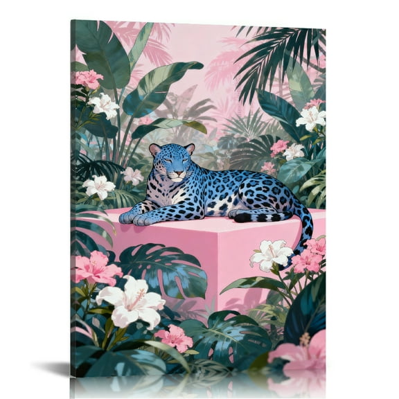 Pink & Green Tropical Plants Blue Leopard Printed Canvas Wall Art (Hidden Wooden Frame) - Light Luxury Decor for Living Room & Balcony