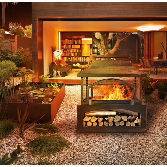 37' inch Rectangular Metal Outdoor Wood Burning Fireplace-Outdoor Fireplace US