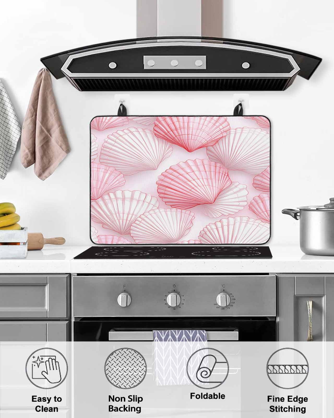 nqOlkjepod Large Induction Cooktop Protector Mat 24"x21", Pink Coastal Shell Stove Top Covers for Electric Stove, Nautical Summer Beach Ocean Stove Burner Cover Mats, Glass Top Stove Cover