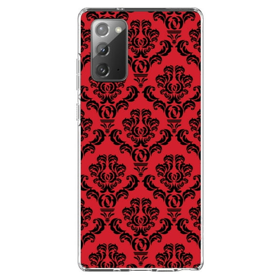 DistinctInk Clear Shockproof Hybrid Case for Samsung Galaxy Note 20 (6.7" Screen) - TPU Bumper, Acrylic Back, Tempered Glass Screen Protector - Red Black Damask Pattern - Floral Damask Pattern