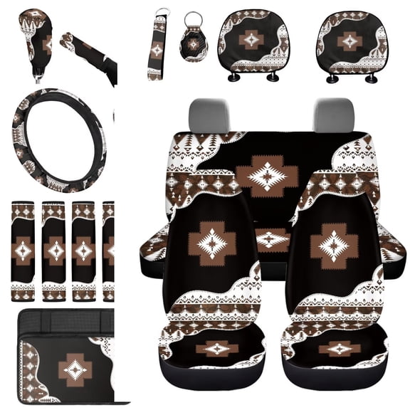 Uorisanigo Western Aztec 18 Pcs Front & Rear Seat Covers Full Set Seat Belt Cushion Steering Wheel Covers Auto Armrest Cover Headrest Shift Knob Cover Handbrake Coasters Keychain Car Decor
