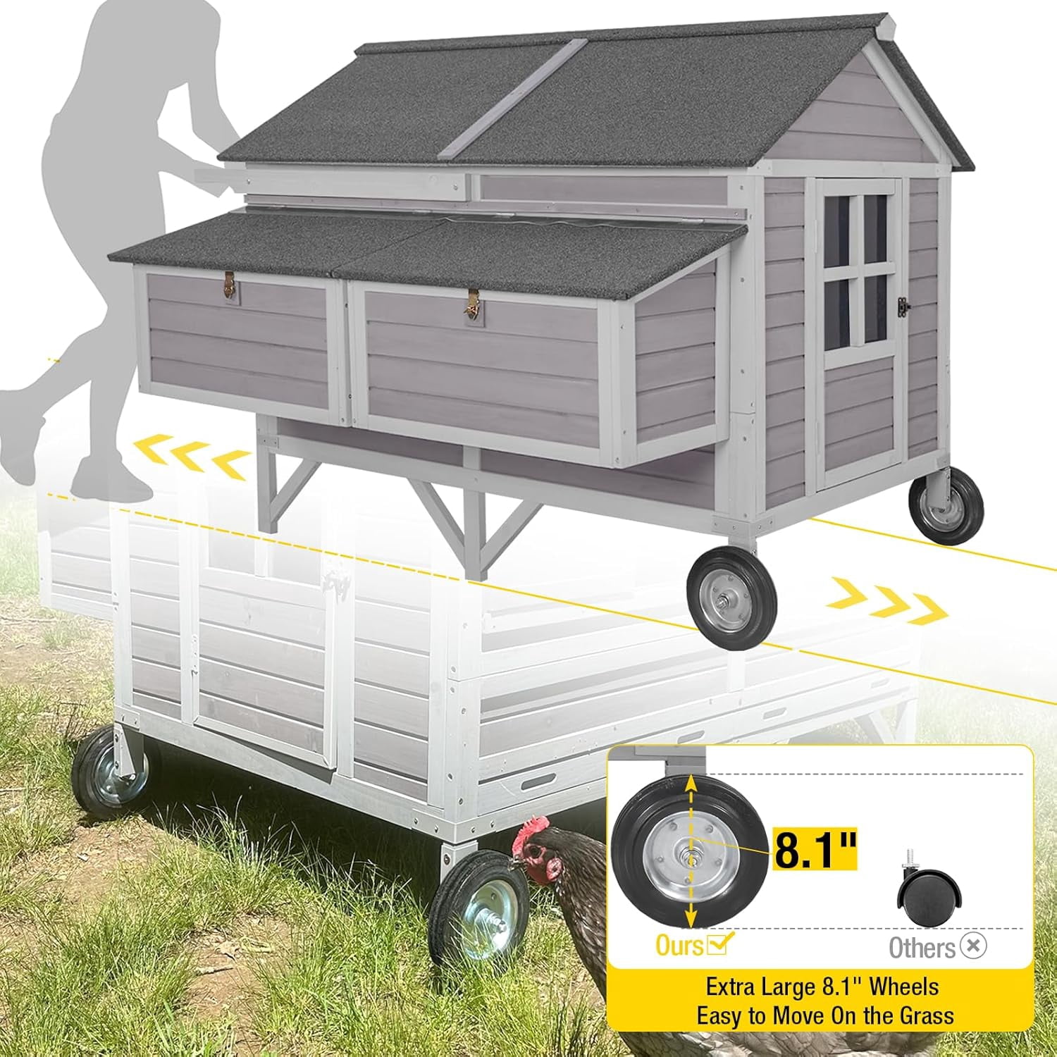 Aivituvin Chicken Coop Super Large Mobile Hen House with Wheels,Strong Iron Frame Outdoor Poultry Cage with Nesting Box,Duck Coop,Rabbit Cage Waterproof