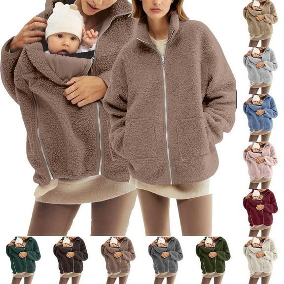 Hueook Puffer Jacket Women Child Matching Hooded Coat Women's Solid Casual Thicken Wool Stand Collar Inner Lining Pocket Breasted Pea Mao Coat Brown L