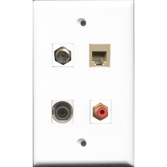 RiteAV 1 Port RCA Red and 1 Port Coax Cable TV- F-Type and 1 Port Phone RJ11 RJ12 Beige and 1 Port 3.5mm Wall Plate