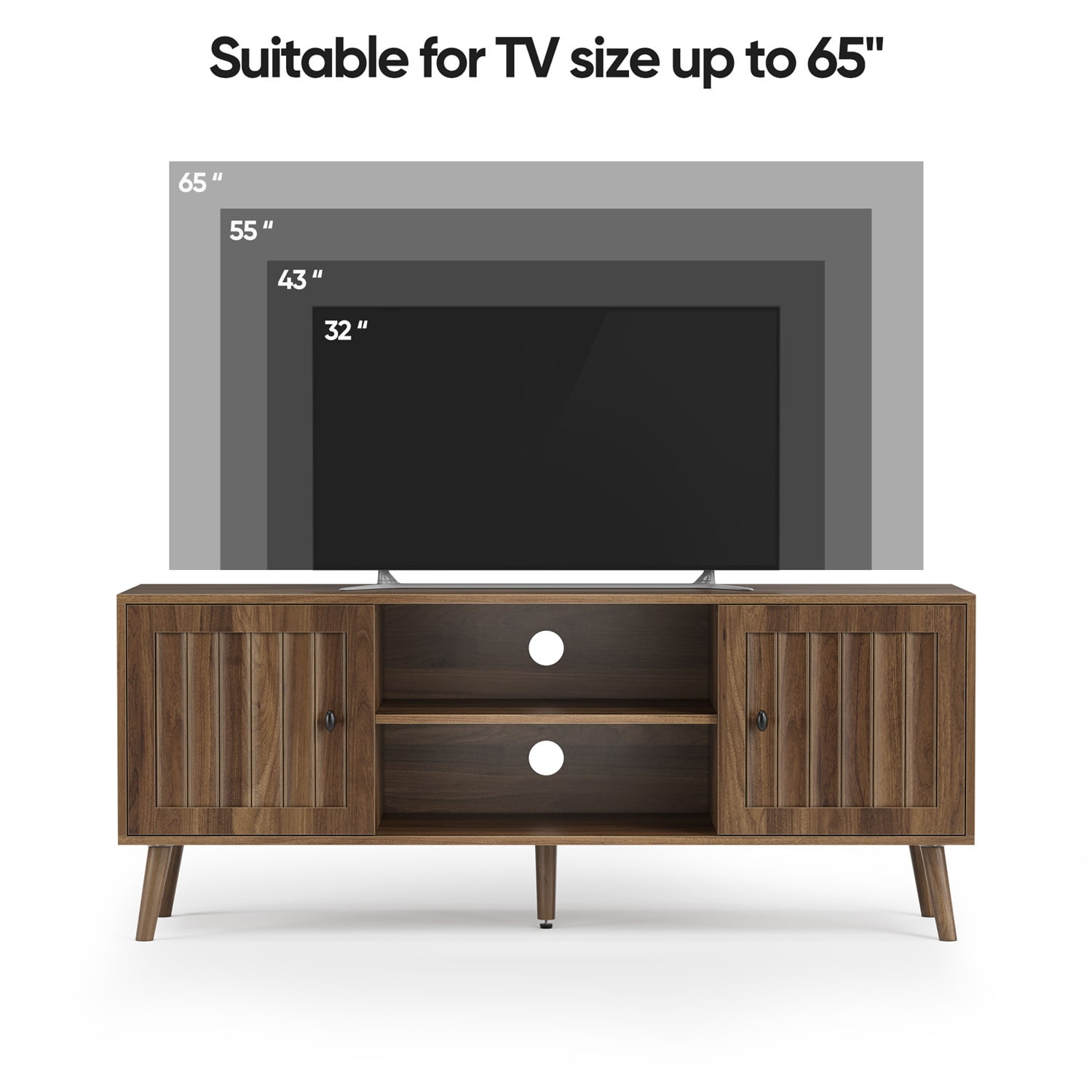 Hommoo Modern 55"W Wooden TV Stand with Adjustable Storage Shelves and Vertical Grooved Finish, Media Console Entertainment Center for Living Room and Bedroom, Walnut