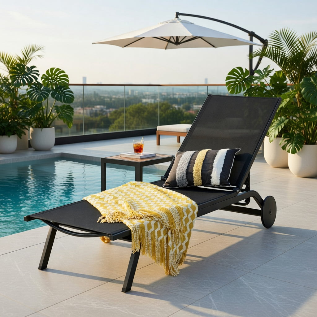 Hommoo Adjustable Aluminum Outdoor Lounge Chair, 6-Position Reclining Chaise for Patio, Poolside & Backyard, Black