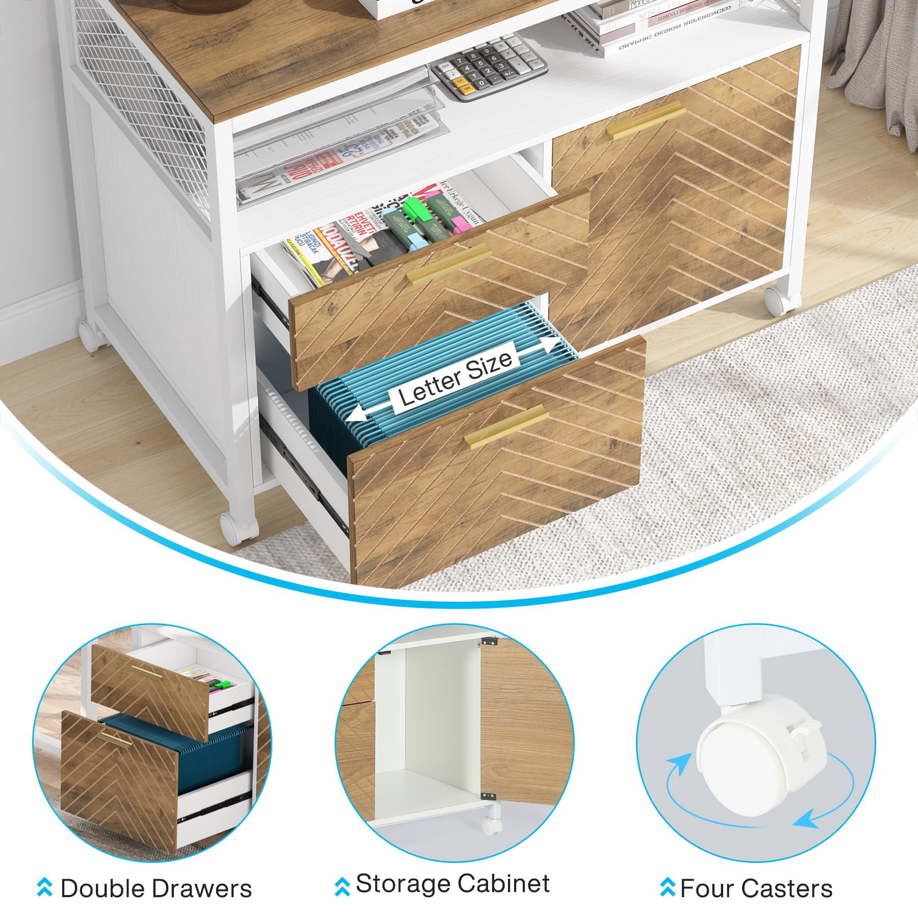 Fnova Modern File Cabinet with Drawers for Letter-Sized File and Door, Lateral Filing Cabinet Printer Stand with Storage Shelves and with Rolling Caster for Home Office, Rustic
