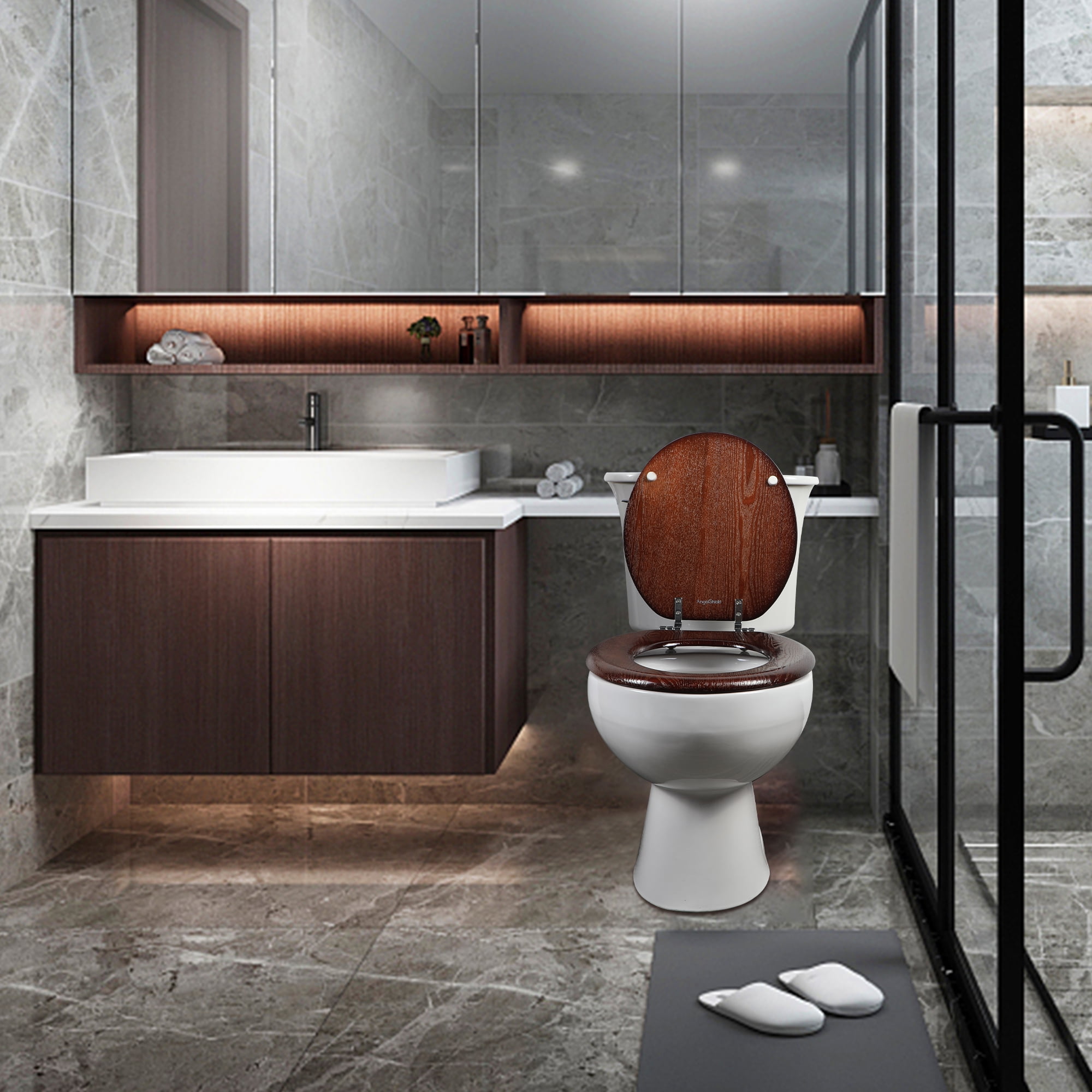 Angol Shiold Wood Elongated Toilet Seat with Quiet Close, Easy Clean, Quick-Release Metal Hinges ( Elongated 18.5'', Dark Walnut )