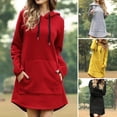 thumbnail image 2 of Fall Winter Dress Hooded Long Sleeves Big Patch Pocket Drawstring Above Knee Length Plus Size Loose Solid Color Thick Mini Dress, 2 of 8